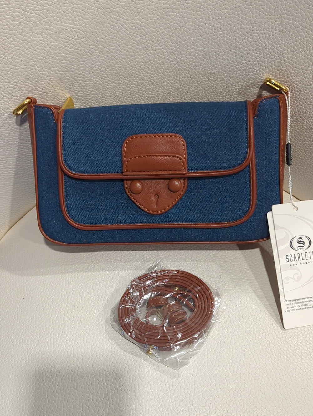 Scarlett Blue Denim Crossbody with Brown Trim
